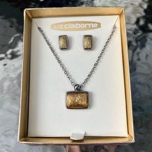 NWT Liz Claiborne Vintage Set Silver Tone And Brown Necklace And Earrings